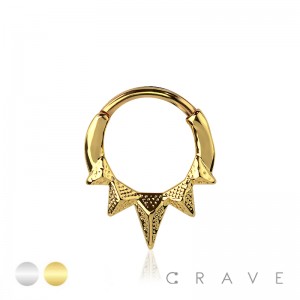 316L SURGICAL STEEL UNICORN TRIPLE CORRUGATED SPIKE FRONT SEPTUM HINGED SEGMENT HOOP RING